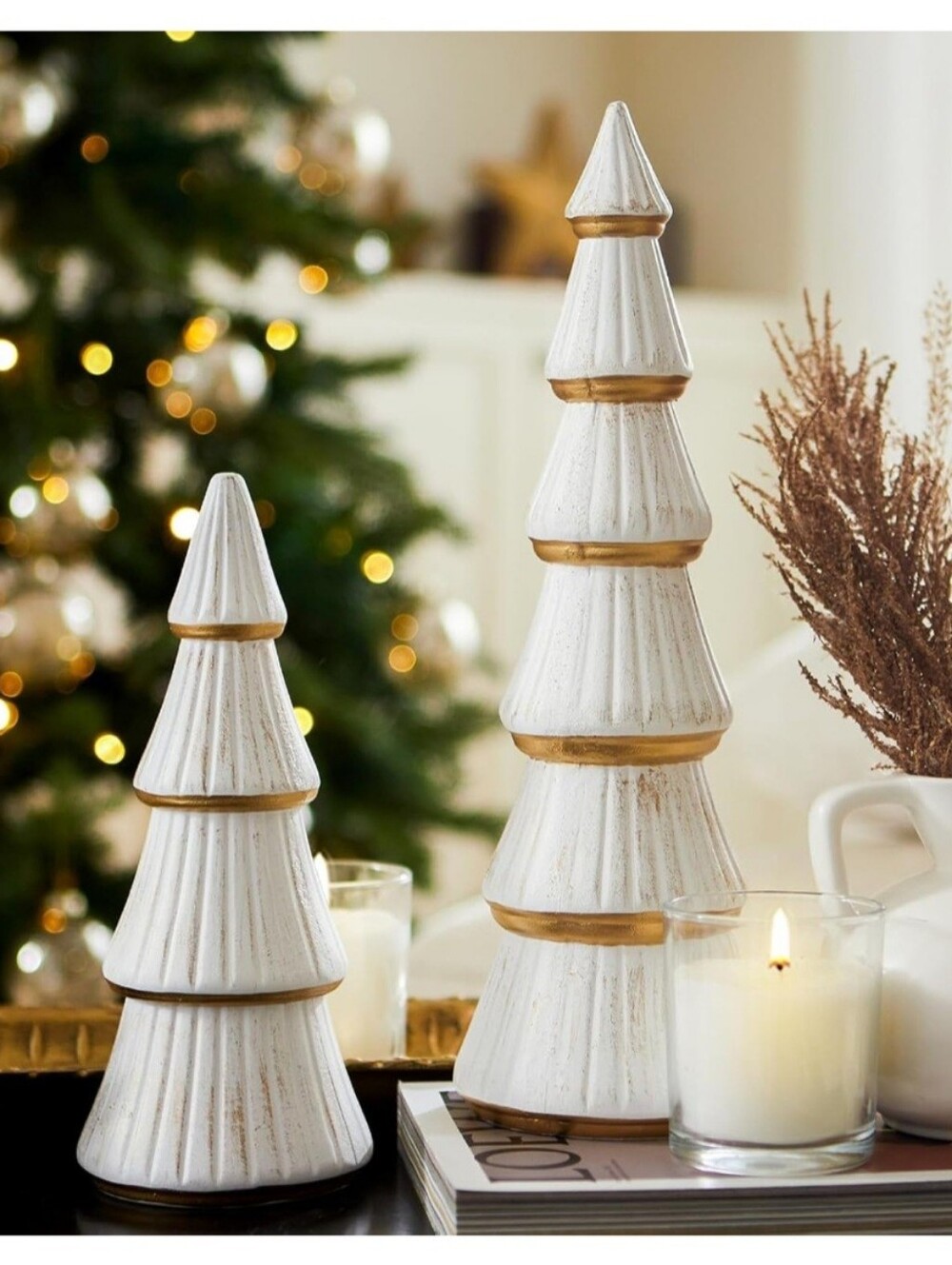 White and Gold Wooden Holiday Tree Decor Set - NEW.